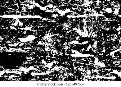 Grunge overlay layer. Abstract black and white vector background. Monochrome vintage surface with dirty pattern in cracks, spots, dots. Old wall in dark horror style design