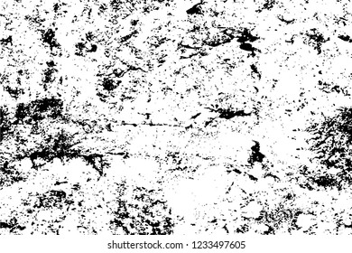 Grunge overlay layer. Abstract black and white vector background. Monochrome vintage surface with dirty pattern in cracks, spots, dots. Old wall in dark horror style design
