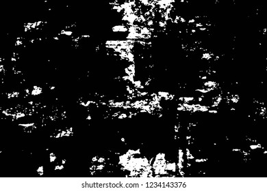 Grunge overlay layer. Abstract black and white vector background. Monochrome vintage surface with dirty pattern in cracks, spots, dots. Old wall in dark horror style design