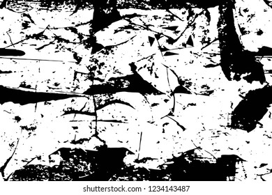 Grunge overlay layer. Abstract black and white vector background. Monochrome vintage surface with dirty pattern in cracks, spots, dots. Old wall in dark horror style design