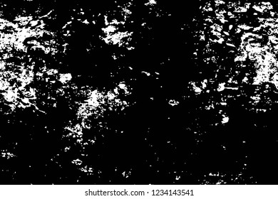 Grunge overlay layer. Abstract black and white vector background. Monochrome vintage surface with dirty pattern in cracks, spots, dots. Old wall in dark horror style design