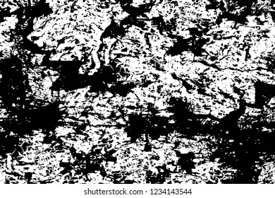 Grunge overlay layer. Abstract black and white vector background. Monochrome vintage surface with dirty pattern in cracks, spots, dots. Old wall in dark horror style design