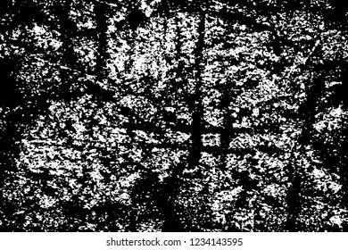 Grunge overlay layer. Abstract black and white vector background. Monochrome vintage surface with dirty pattern in cracks, spots, dots. Old wall in dark horror style design