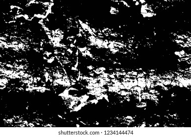 Grunge overlay layer. Abstract black and white vector background. Monochrome vintage surface with dirty pattern in cracks, spots, dots. Old wall in dark horror style design