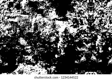 Grunge overlay layer. Abstract black and white vector background. Monochrome vintage surface with dirty pattern in cracks, spots, dots. Old wall in dark horror style design