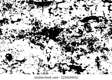Grunge overlay layer. Abstract black and white vector background. Monochrome vintage surface with dirty pattern in cracks, spots, dots. Old wall in dark horror style design