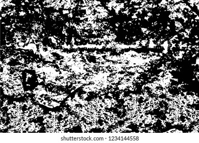 Grunge overlay layer. Abstract black and white vector background. Monochrome vintage surface with dirty pattern in cracks, spots, dots. Old wall in dark horror style design