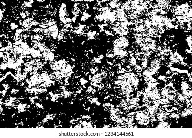Grunge overlay layer. Abstract black and white vector background. Monochrome vintage surface with dirty pattern in cracks, spots, dots. Old wall in dark horror style design