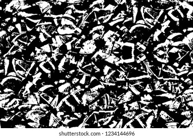 Grunge overlay layer. Abstract black and white vector background. Monochrome vintage surface with dirty pattern in cracks, spots, dots. Old wall in dark horror style design