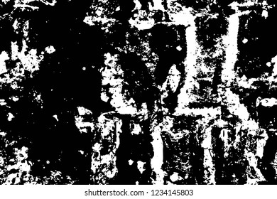 Grunge overlay layer. Abstract black and white vector background. Monochrome vintage surface with dirty pattern in cracks, spots, dots. Old wall in dark horror style design