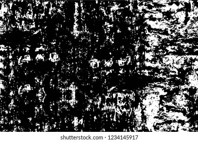 Grunge overlay layer. Abstract black and white vector background. Monochrome vintage surface with dirty pattern in cracks, spots, dots. Old wall in dark horror style design