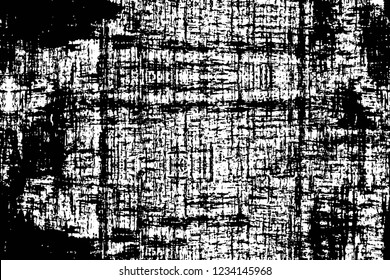Grunge overlay layer. Abstract black and white vector background. Monochrome vintage surface with dirty pattern in cracks, spots, dots. Old wall in dark horror style design