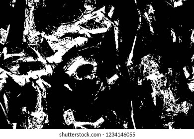 Grunge overlay layer. Abstract black and white vector background. Monochrome vintage surface with dirty pattern in cracks, spots, dots. Old wall in dark horror style design