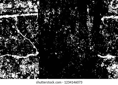 Grunge overlay layer. Abstract black and white vector background. Monochrome vintage surface with dirty pattern in cracks, spots, dots. Old wall in dark horror style design