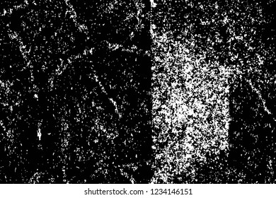 Grunge overlay layer. Abstract black and white vector background. Monochrome vintage surface with dirty pattern in cracks, spots, dots. Old wall in dark horror style design