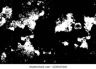 Grunge overlay layer. Abstract black and white vector background. Monochrome vintage surface with dirty pattern in cracks, spots, dots. Old wall in dark horror style design