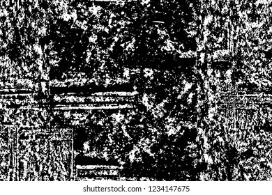 Grunge overlay layer. Abstract black and white vector background. Monochrome vintage surface with dirty pattern in cracks, spots, dots. Old wall in dark horror style design