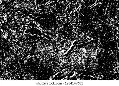 Grunge overlay layer. Abstract black and white vector background. Monochrome vintage surface with dirty pattern in cracks, spots, dots. Old wall in dark horror style design