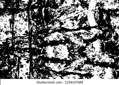 Grunge overlay layer. Abstract black and white vector background. Monochrome vintage surface with dirty pattern in cracks, spots, dots. Old wall in dark horror style design