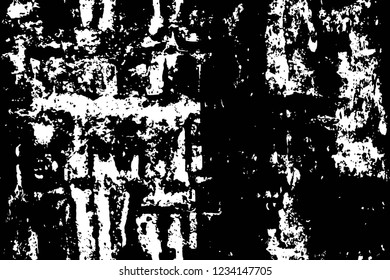 Grunge overlay layer. Abstract black and white vector background. Monochrome vintage surface with dirty pattern in cracks, spots, dots. Old wall in dark horror style design
