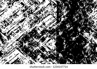 Grunge overlay layer. Abstract black and white vector background. Monochrome vintage surface with dirty pattern in cracks, spots, dots. Old wall in dark horror style design