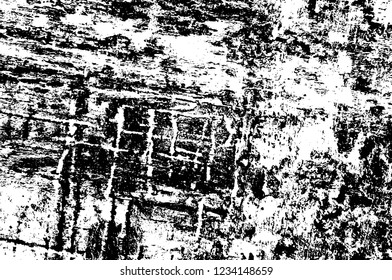 Grunge overlay layer. Abstract black and white vector background. Monochrome vintage surface with dirty pattern in cracks, spots, dots. Old wall in dark horror style design