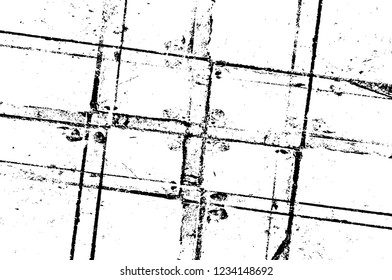 Grunge overlay layer. Abstract black and white vector background. Monochrome vintage surface with dirty pattern in cracks, spots, dots. Old wall in dark horror style design