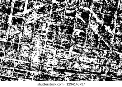 Grunge overlay layer. Abstract black and white vector background. Monochrome vintage surface with dirty pattern in cracks, spots, dots. Old wall in dark horror style design