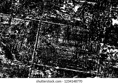 Grunge overlay layer. Abstract black and white vector background. Monochrome vintage surface with dirty pattern in cracks, spots, dots. Old wall in dark horror style design