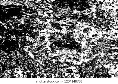Grunge overlay layer. Abstract black and white vector background. Monochrome vintage surface with dirty pattern in cracks, spots, dots. Old wall in dark horror style design