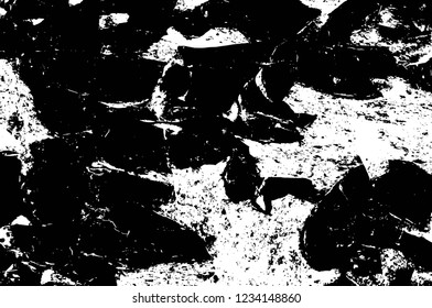 Grunge overlay layer. Abstract black and white vector background. Monochrome vintage surface with dirty pattern in cracks, spots, dots. Old wall in dark horror style design