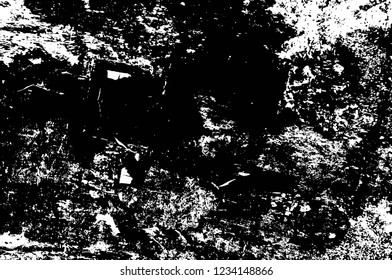Grunge overlay layer. Abstract black and white vector background. Monochrome vintage surface with dirty pattern in cracks, spots, dots. Old wall in dark horror style design