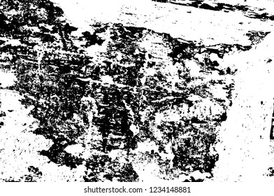 Grunge overlay layer. Abstract black and white vector background. Monochrome vintage surface with dirty pattern in cracks, spots, dots. Old wall in dark horror style design