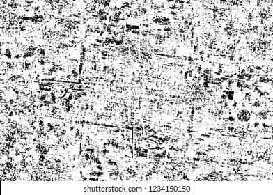 Grunge overlay layer. Abstract black and white vector background. Monochrome vintage surface with dirty pattern in cracks, spots, dots. Old wall in dark horror style design