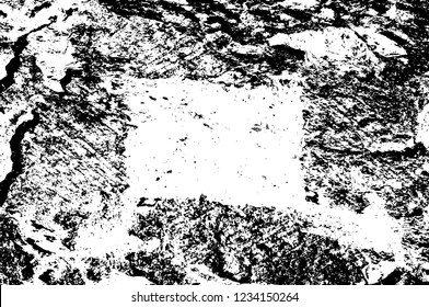 Grunge overlay layer. Abstract black and white vector background. Monochrome vintage surface with dirty pattern in cracks, spots, dots. Old wall in dark horror style design