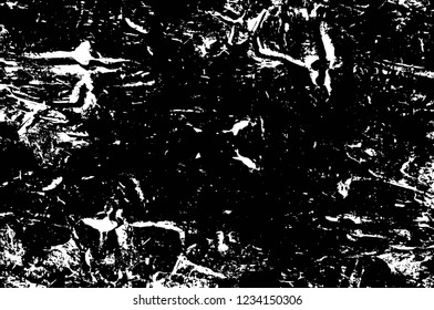 Grunge overlay layer. Abstract black and white vector background. Monochrome vintage surface with dirty pattern in cracks, spots, dots. Old wall in dark horror style design