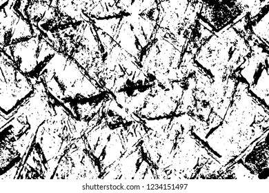 Grunge overlay layer. Abstract black and white vector background. Monochrome vintage surface with dirty pattern in cracks, spots, dots. Old wall in dark horror style design