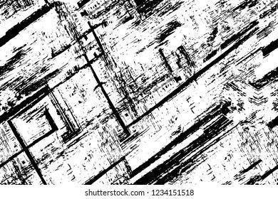 Grunge overlay layer. Abstract black and white vector background. Monochrome vintage surface with dirty pattern in cracks, spots, dots. Old wall in dark horror style design