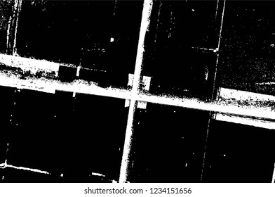 Grunge overlay layer. Abstract black and white vector background. Monochrome vintage surface with dirty pattern in cracks, spots, dots. Old wall in dark horror style design