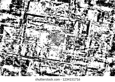 Grunge overlay layer. Abstract black and white vector background. Monochrome vintage surface with dirty pattern in cracks, spots, dots. Old wall in dark horror style design