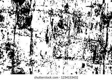Grunge overlay layer. Abstract black and white vector background. Monochrome vintage surface with dirty pattern in cracks, spots, dots. Old wall in dark horror style design