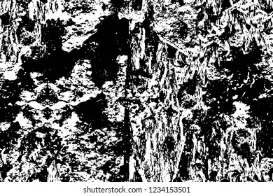 Grunge overlay layer. Abstract black and white vector background. Monochrome vintage surface with dirty pattern in cracks, spots, dots. Old wall in dark horror style design