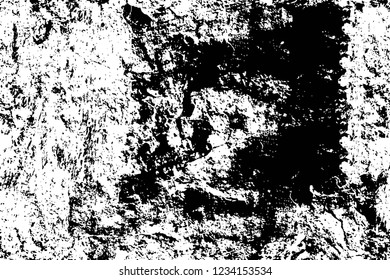 Grunge overlay layer. Abstract black and white vector background. Monochrome vintage surface with dirty pattern in cracks, spots, dots. Old wall in dark horror style design