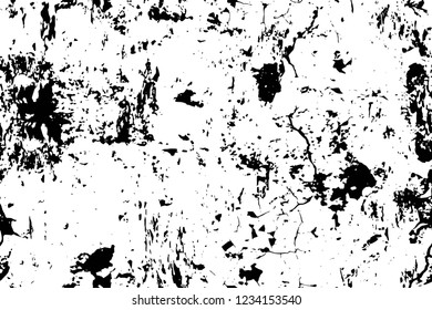 Grunge overlay layer. Abstract black and white vector background. Monochrome vintage surface with dirty pattern in cracks, spots, dots. Old wall in dark horror style design