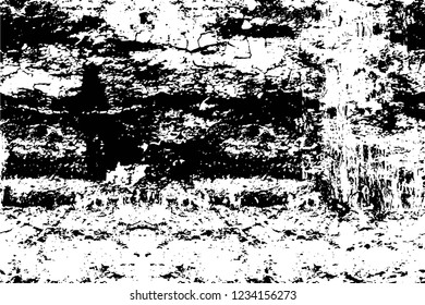 Grunge overlay layer. Abstract black and white vector background. Monochrome vintage surface with dirty pattern in cracks, spots, dots. Old wall in dark horror style design