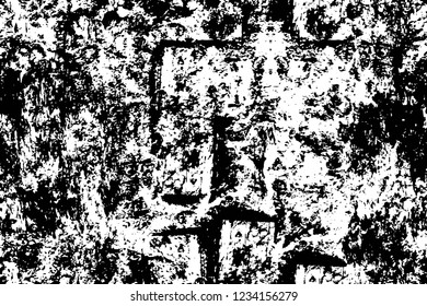 Grunge overlay layer. Abstract black and white vector background. Monochrome vintage surface with dirty pattern in cracks, spots, dots. Old wall in dark horror style design