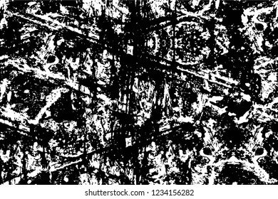 Grunge overlay layer. Abstract black and white vector background. Monochrome vintage surface with dirty pattern in cracks, spots, dots. Old wall in dark horror style design
