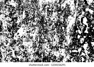 Grunge overlay layer. Abstract black and white vector background. Monochrome vintage surface with dirty pattern in cracks, spots, dots. Old wall in dark horror style design
