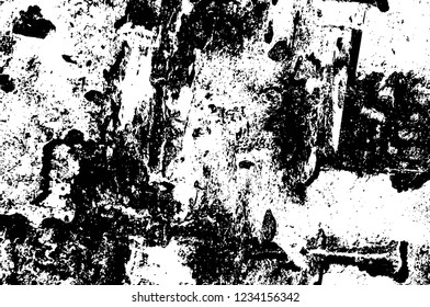 Grunge overlay layer. Abstract black and white vector background. Monochrome vintage surface with dirty pattern in cracks, spots, dots. Old wall in dark horror style design