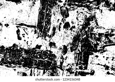Grunge overlay layer. Abstract black and white vector background. Monochrome vintage surface with dirty pattern in cracks, spots, dots. Old wall in dark horror style design